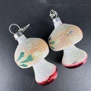 Vintage Mushroom Glass Mica Glittered Holly Berry Christmas Ornament Earrings